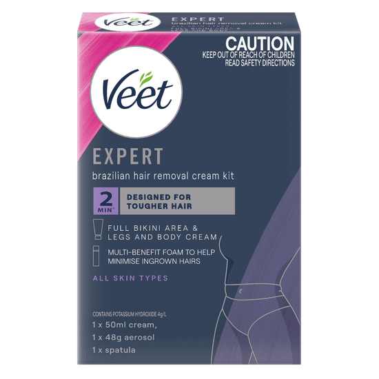 Veet Expert Brazilian Hair Removal Cream Kit (50mL Cream + 48g Aerosol + 1x Spatula)